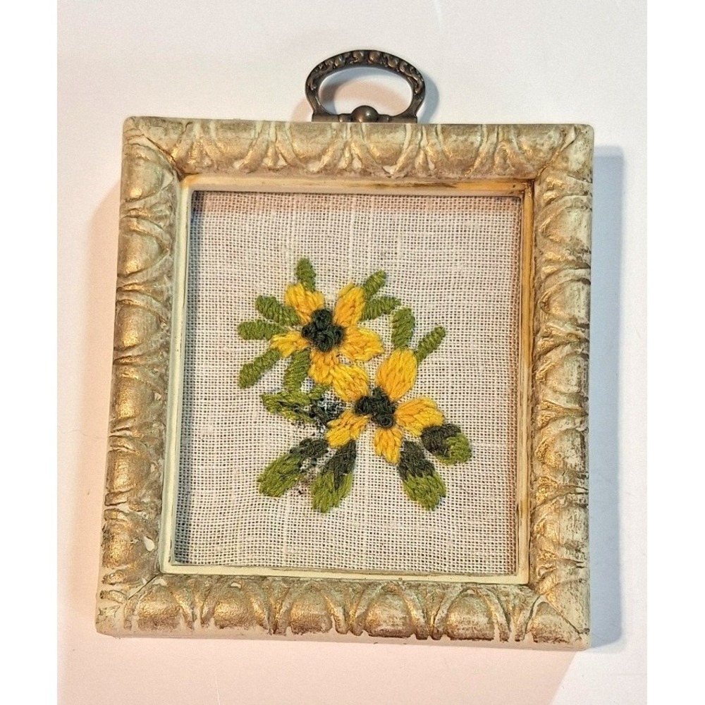 Vintage Miniature Framed Sunflower Embroidery Gold Ornate Frame Wall Art